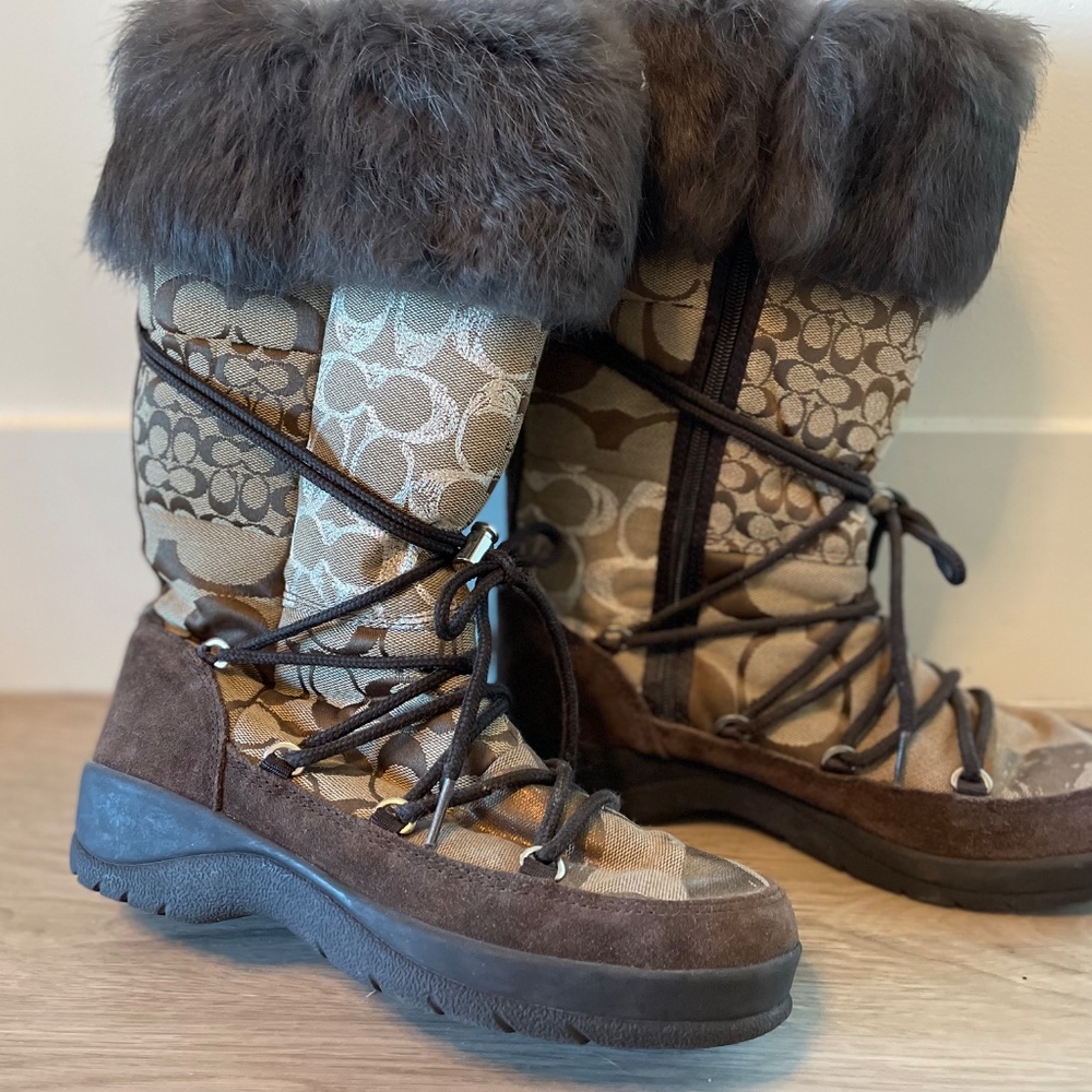 Coach Fur Brown Monogram Patchwork Winter Boots - image 4